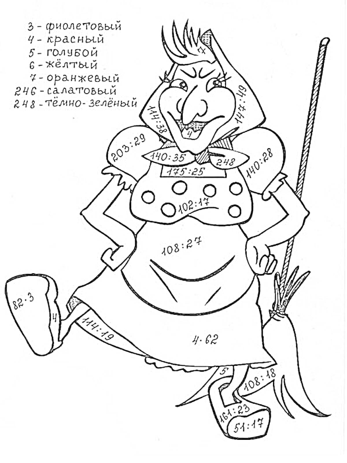 Раскраска Баба Яга с матемическими примерами