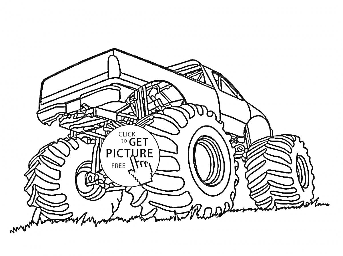 Раскраска Бигфут машина с большими колесами на траве