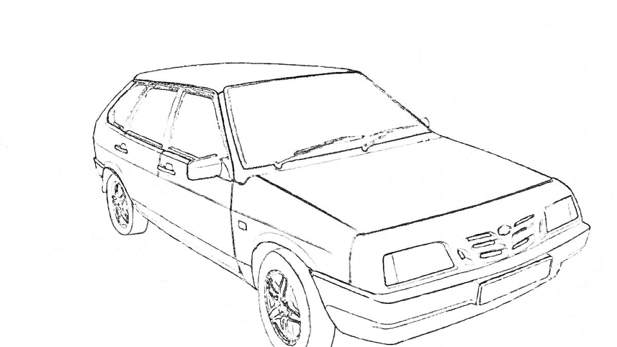 Раскраска Легковая машина ВАЗ с четырьмя дверями и пятью колёсами (включая запасное колесо), вид спереди и сбоку, без цветов и нарисованных деталей салона
