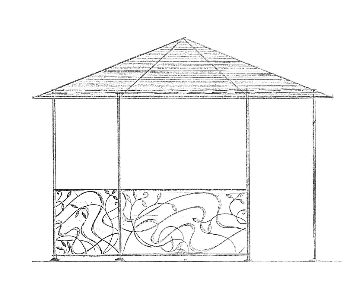 Беседка с декоративными металлическими перегородками и треугольной крышей