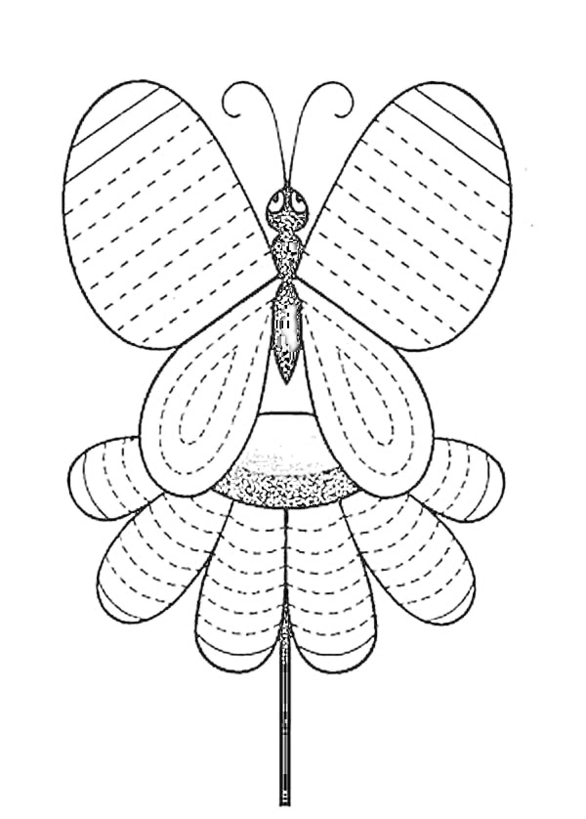 Раскраска Бабочка на цветке с элементами штриховки