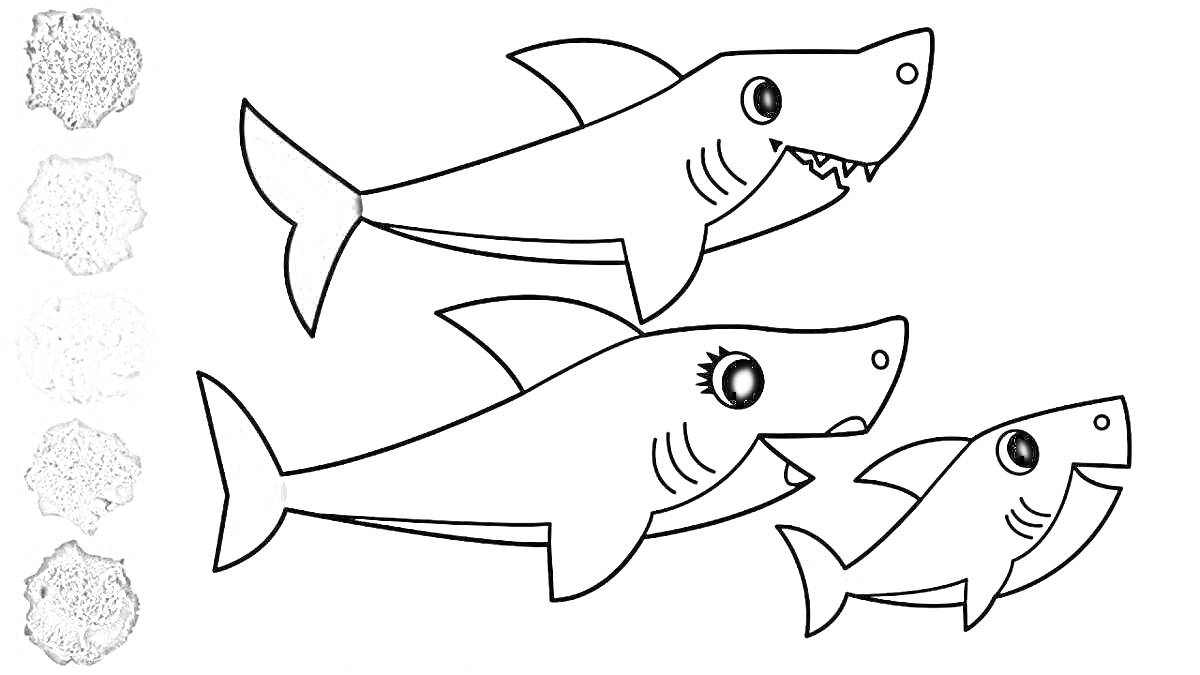 Раскраска Три акулёнка с окрашенными хвостами, цветные пятна слева (красный, оранжевый, желтый, зеленый, голубой, розовый)