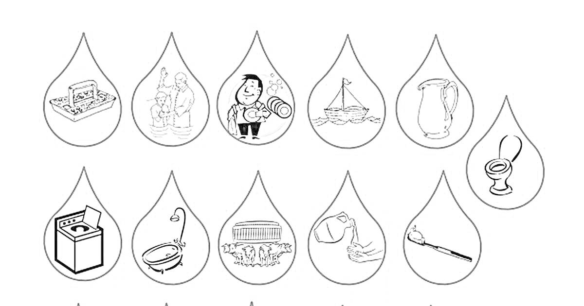 Раскраска предметы, связанные с водой, в каплях - машина моечная, семья, человек с каплей, парусник, кувшин, туалет, стиральная машина, душ, кухонная раковина с посудой, утечка воды, кран с каплей