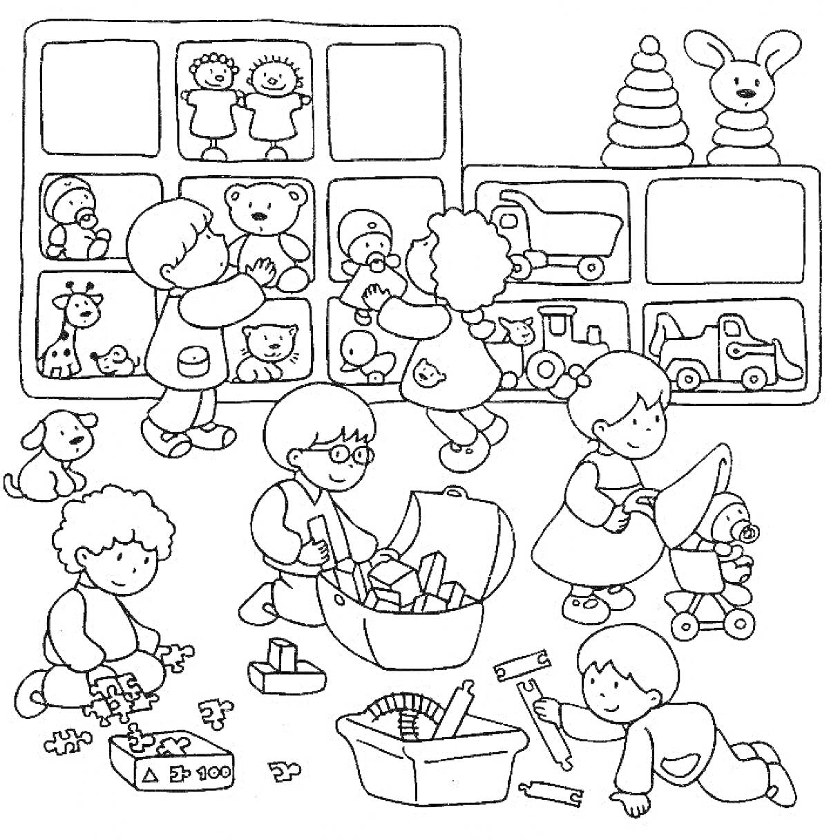На раскраске изображено: Воспитатель, Детский сад, Игрушки, Кубики, Строительные блоки, Мягкие игрушки, Развивающие игры