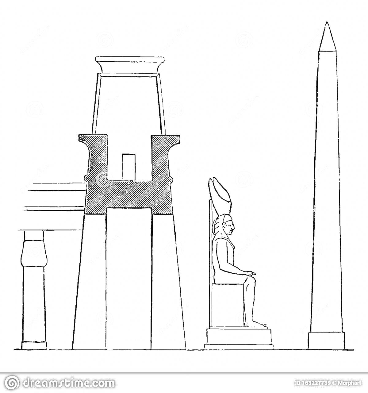 На раскраске изображено: Обелиск, Статуя, Фараон, Храм, Древний Египет, Архитектура