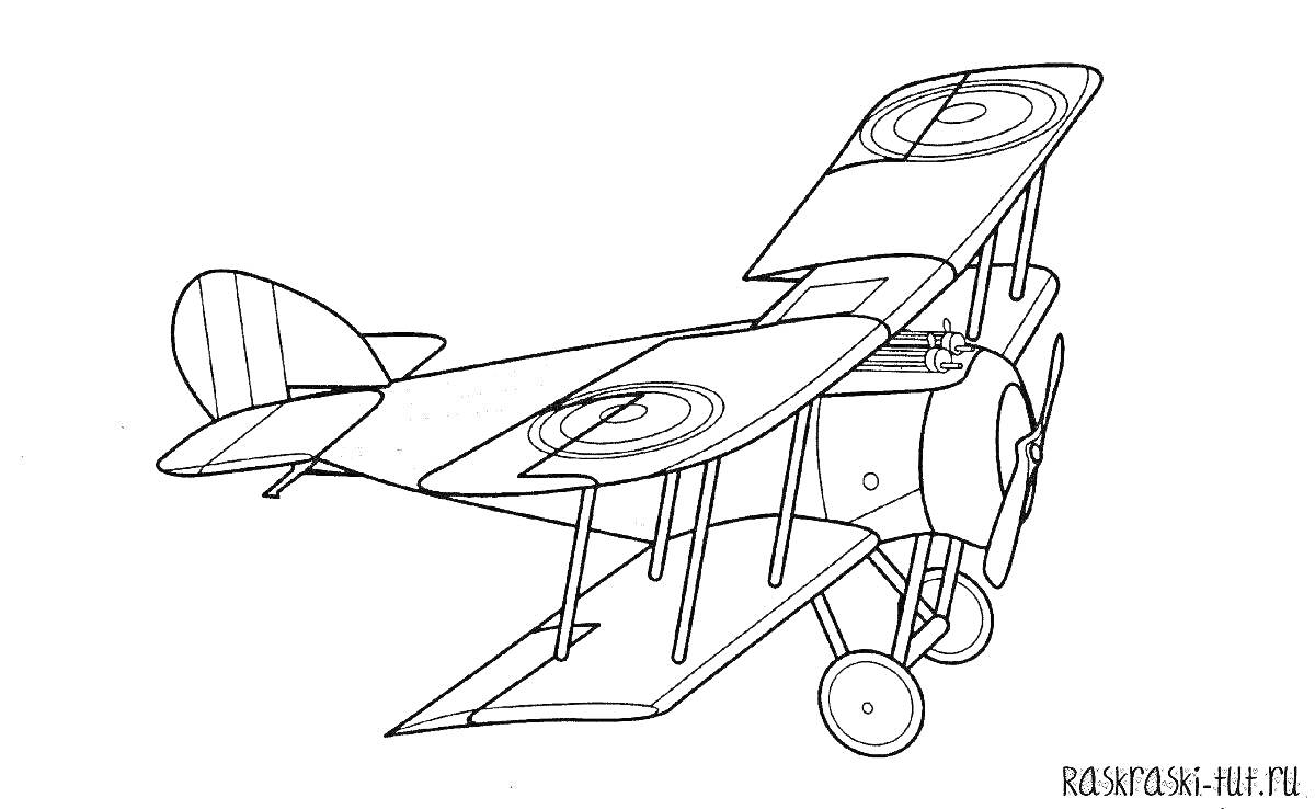 Раскраска Аэроплан с двойными крыльями, хвостовым оперением и шасси