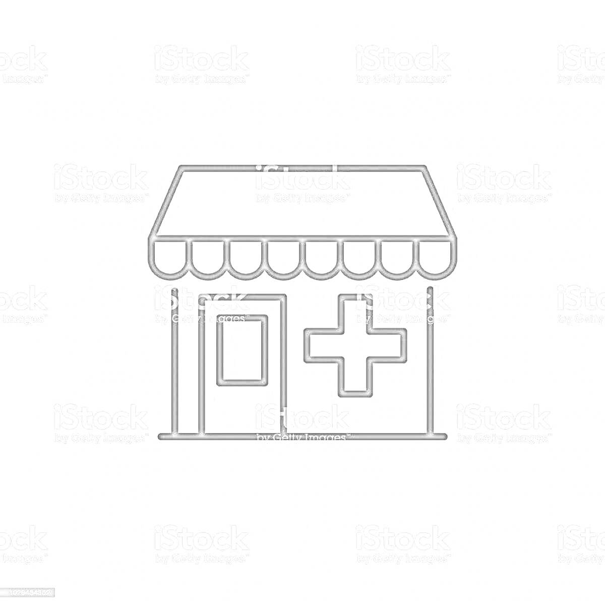 На раскраске изображено: Аптека, Магазин, Дверь, Крест, Навес, Фасад, Здание, Здоровье, Медицина