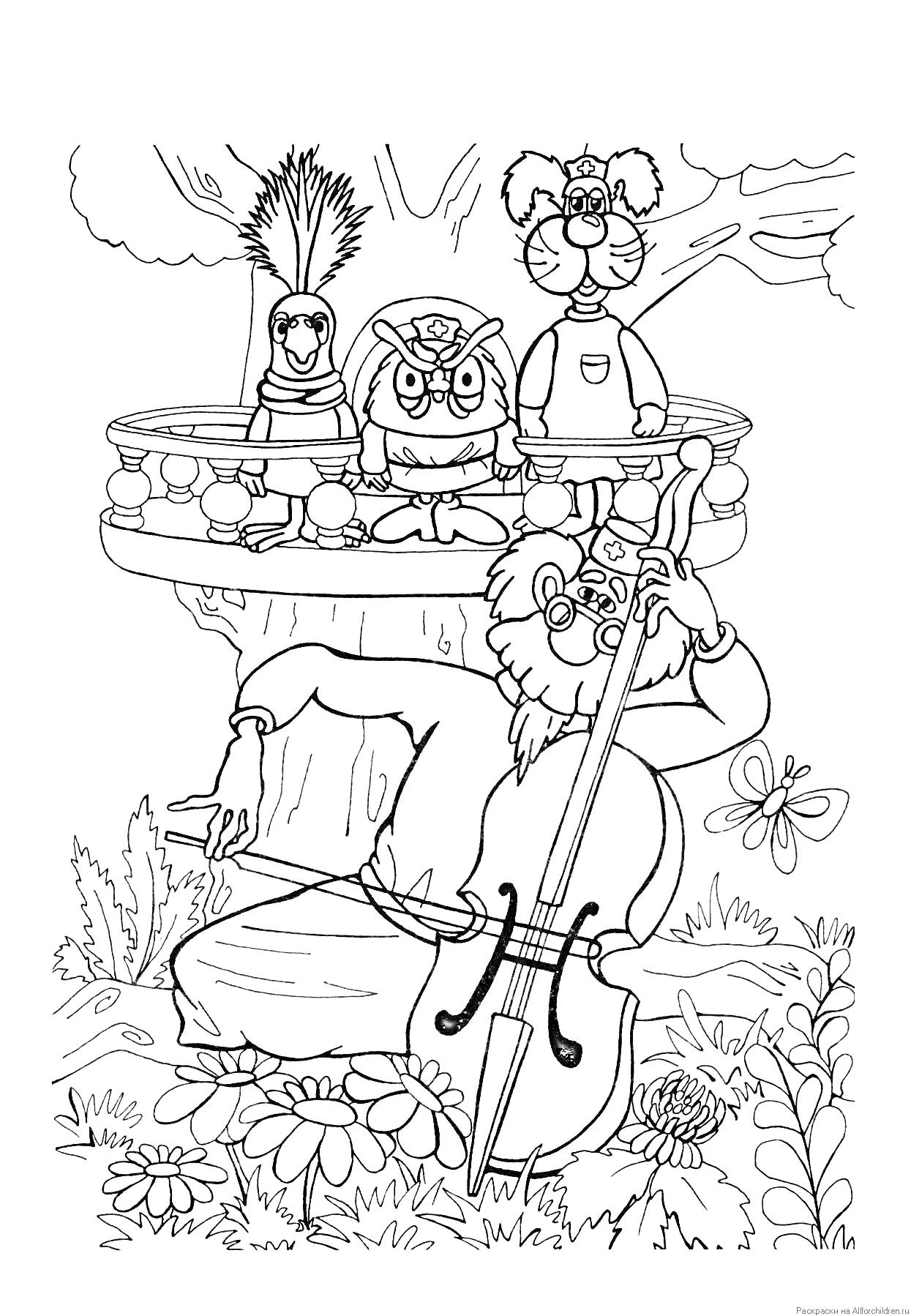 Раскраска Доктор Айболит играет на виолончели, сова, попугай и обезьяна на балконе