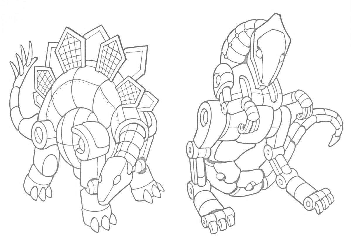 Раскраска Роботы динозавры с шипами и когтями