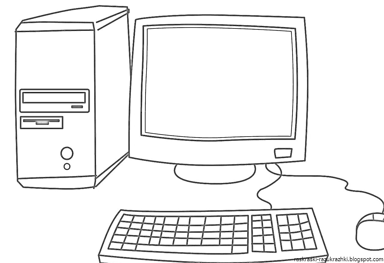 Раскраска Настольный компьютер со системным блоком, монитором, клавиатурой и мышью