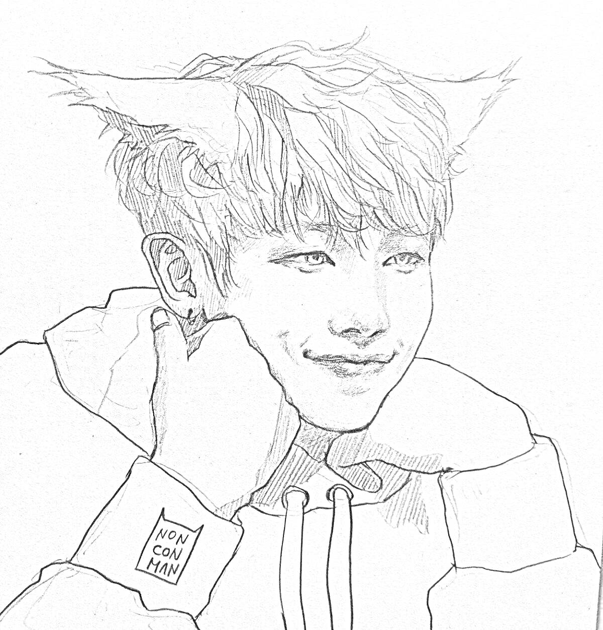 Раскраска Чёрно-белый рисунок парня с короткими волосами, кошачьими ушками, свитшотом с надписью 