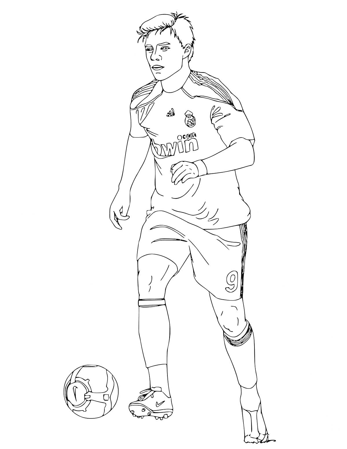 На раскраске изображено: Футболист, Футбольная форма, Спорт