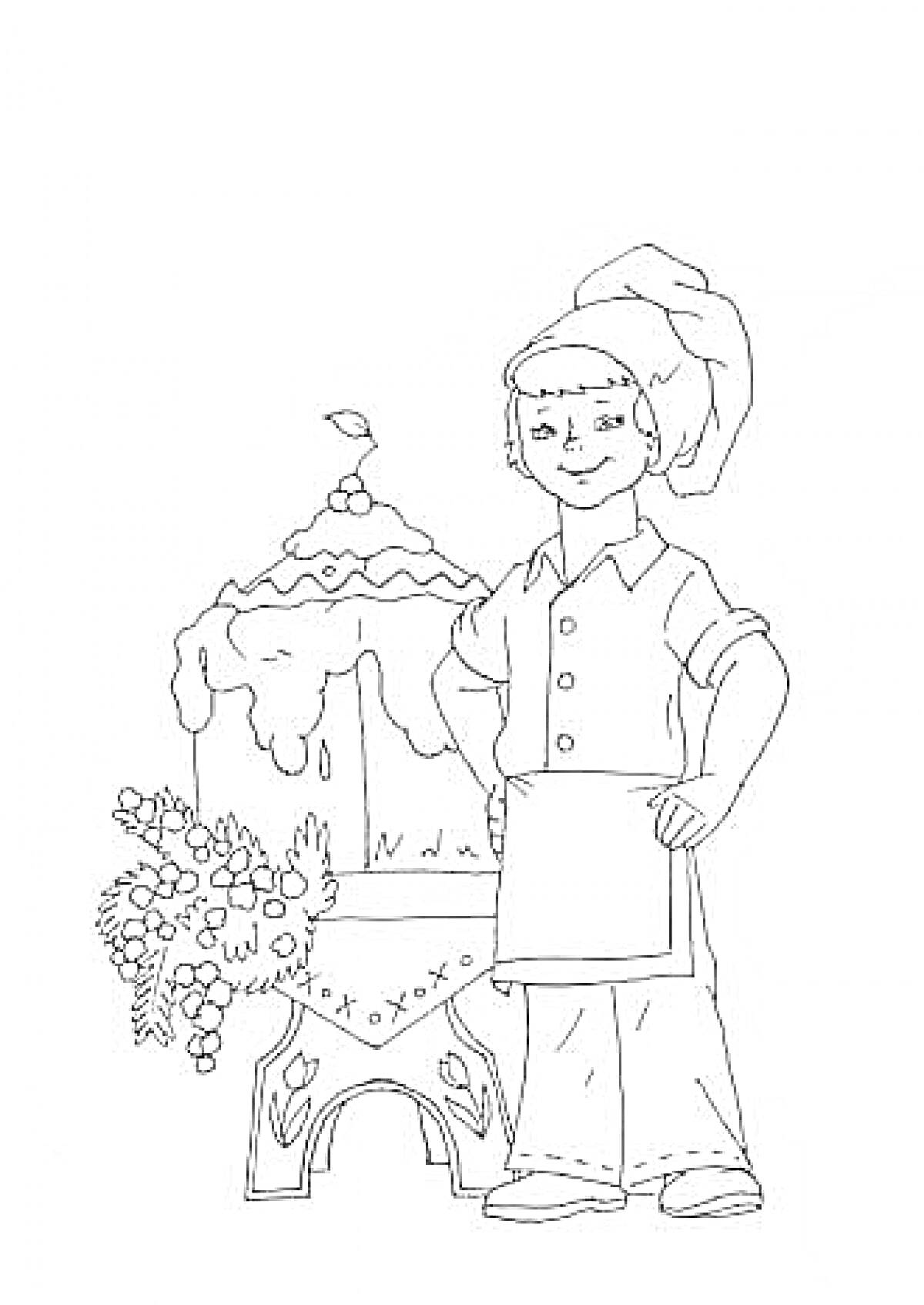 Ребёнок-повар с большим украшенным тортом и букетом цветов