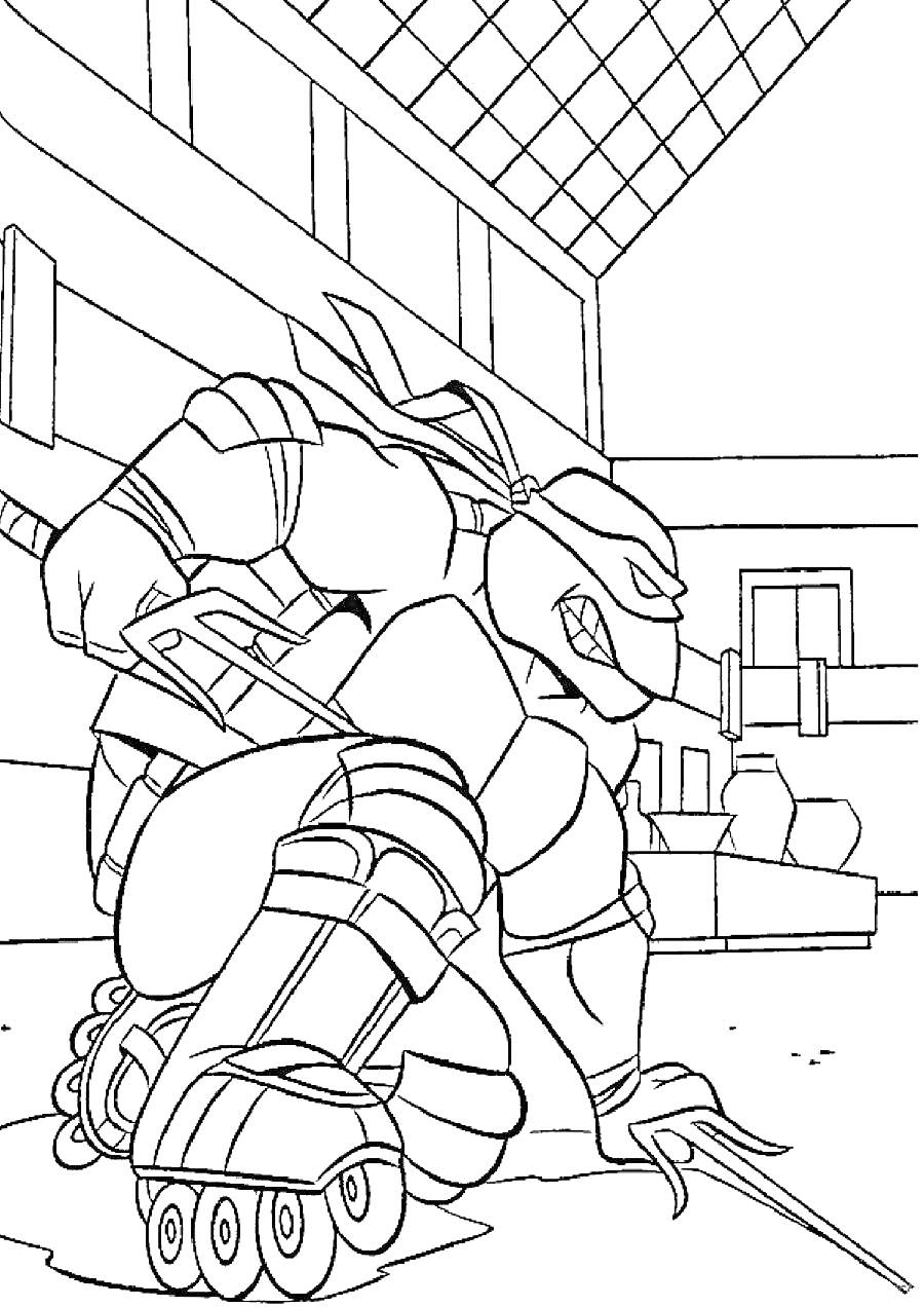 Черепашка-ниндзя Рафаэль, стоящий на коленях с кинжалами в руках, в помещении с окнами и полками с контейнерами