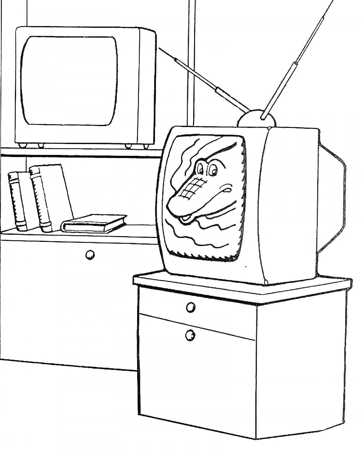 Раскраска Телевизоры на тумбочках с антеннами, книги на полке, крокодил на экране