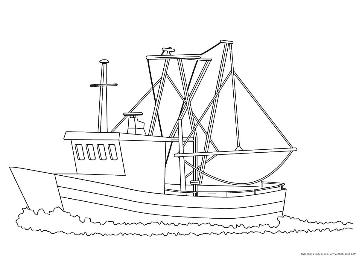 На раскраске изображено: Корабль, Рыбалка, Волны, Водный транспорт, Судно, Мореплавание