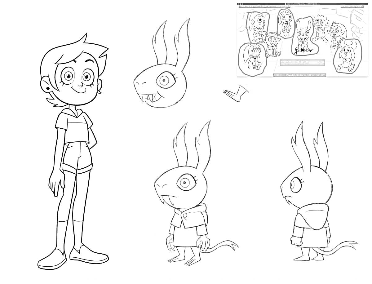 Раскраска персонаж в полный рост, голова, Палоуз, полуоборот, задний вид, 4 дополнительные головы