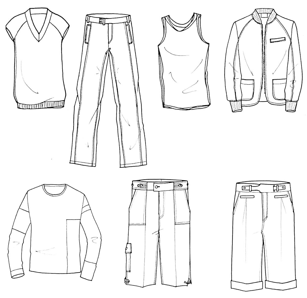 Раскраска Школьная форма для мальчиков: жилет с V-образным вырезом, классические брюки, майка, куртка с воротником-стойкой и карманом, кофта с длинным рукавом и накладным карманом, шорты с карманом, классические шорты