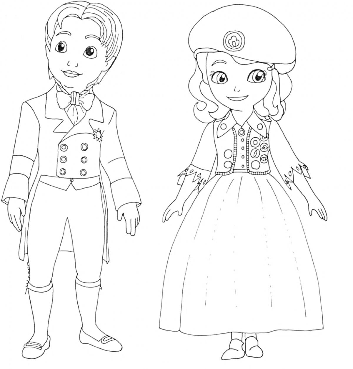 Раскраска два персонажа в винтажных костюмах, мальчик в пиджаке и брюках с бабочкой и пуговицами, девочка в платье и беретке
