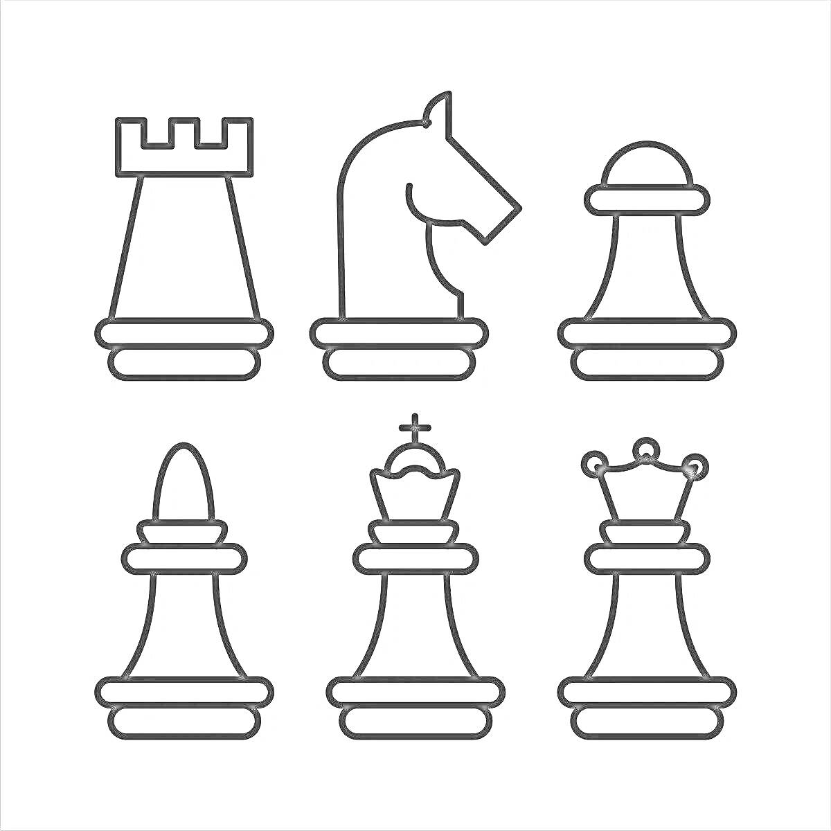 На раскраске изображено: Шахматы, Шахматные фигуры, Ладья, Конь, Слон, Пешка, Король, Ферзь
