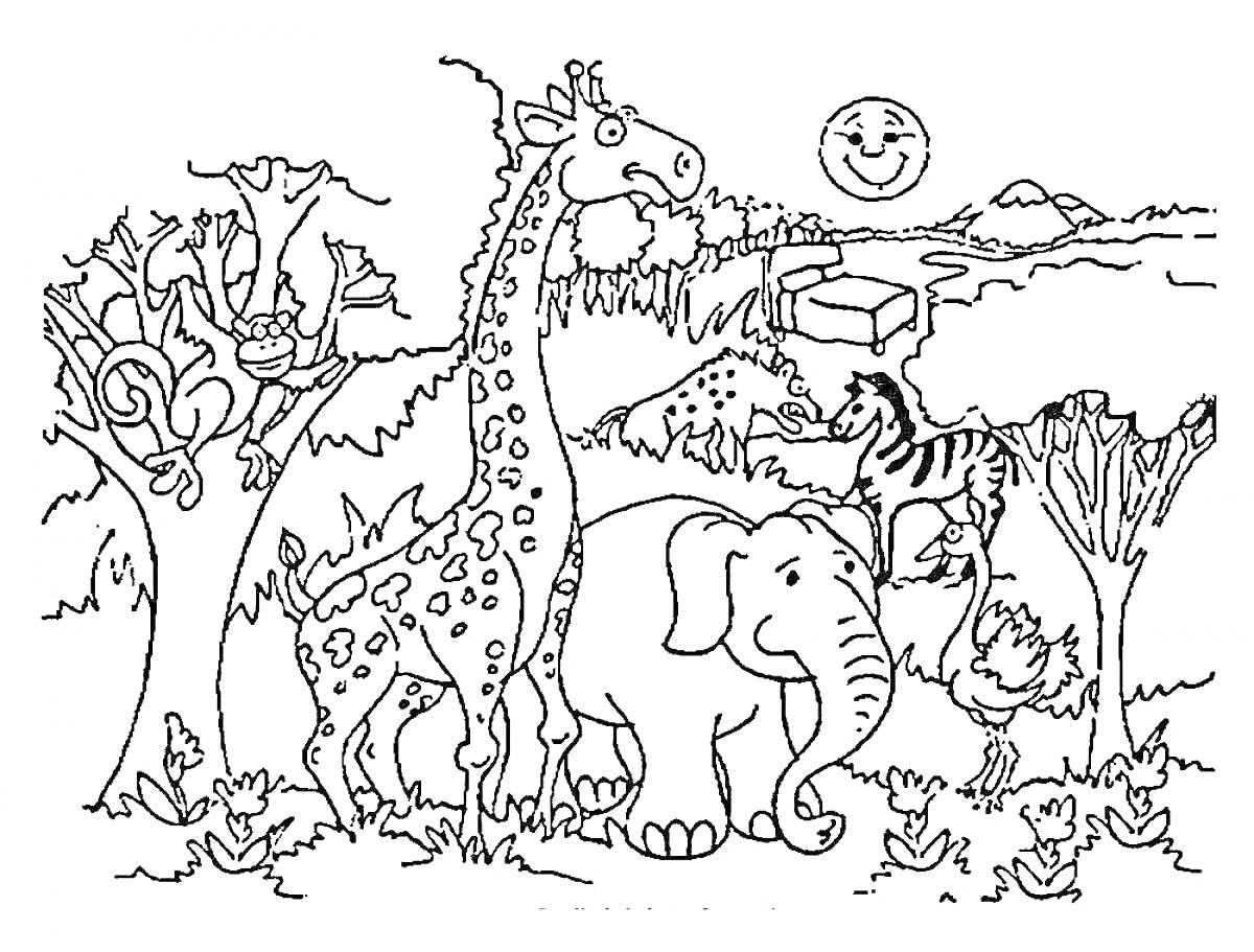 На раскраске изображено: Африка, Саванна, Слон, Страус, Природа, Деревья, Река, Солнце, Дикие животные, Животные, Жирафы, Зебры, Обезьяны