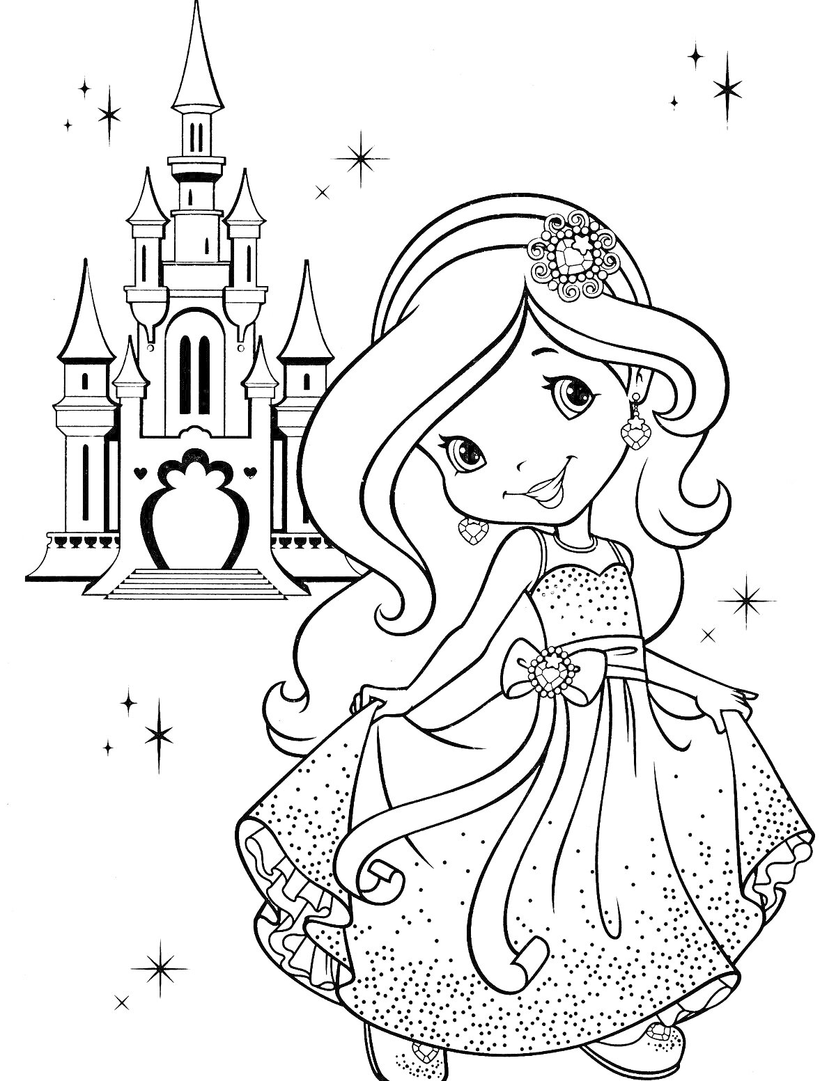 Раскраска Принцесса около замка с блестящей короной и красивым платьем