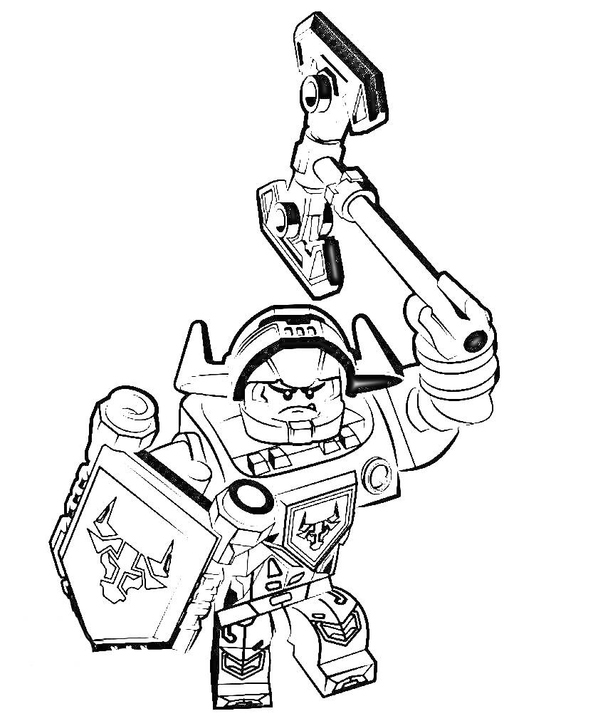 Раскраска Воин Лего Нексо Найтс с молотом и щитом