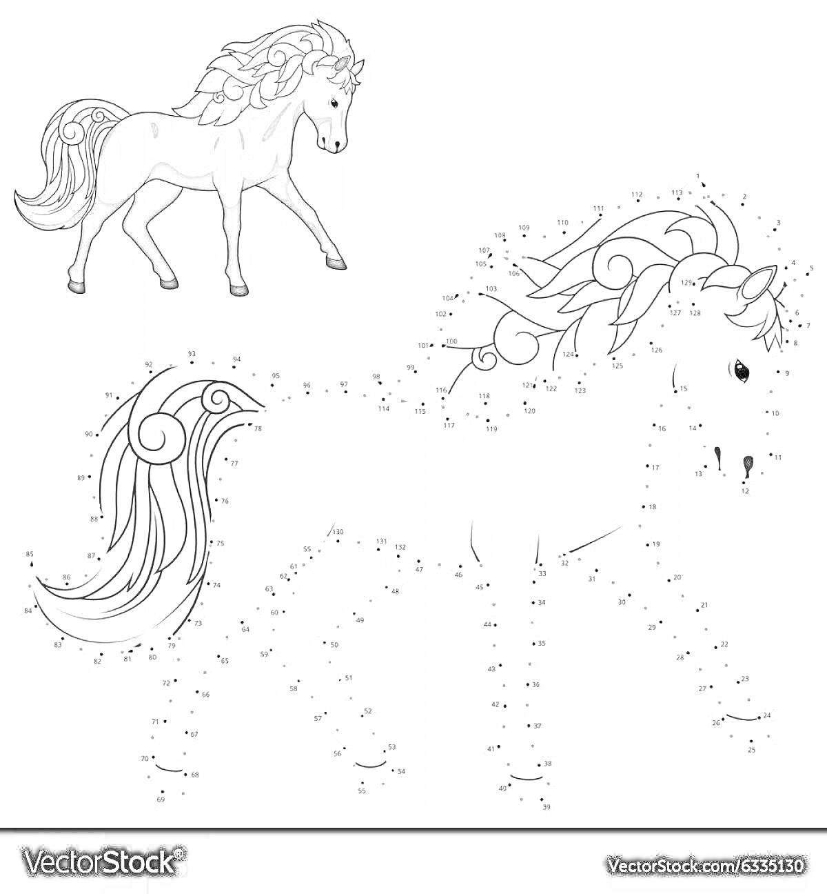 Раскраска Раскраска по цифрам: Лошадь, детализированный рисунок, соединение точек, законченное изображение лошади, развивающая активность