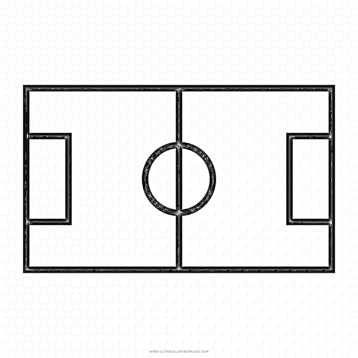 На раскраске изображено: Футбольное поле, Ворота, Центральный круг, Спорт, Футбол, Игра