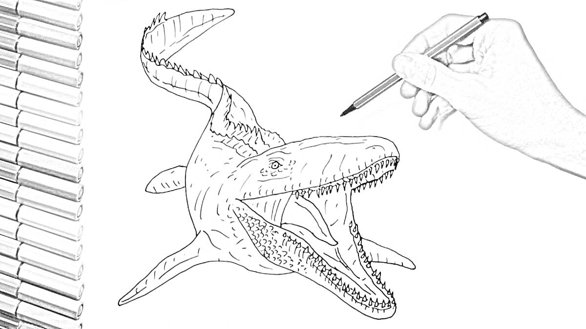 Раскраска Раскраска морского динозавра мозазавра с цветными карандашами и рукой, держащей красный карандаш