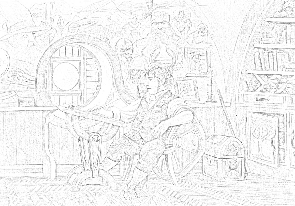 Раскраска Хоббит в своём доме: окно-глазок, кресло-качалка, книги на полке, сундук с сокровищами, лошадка-качалка, картины на стене