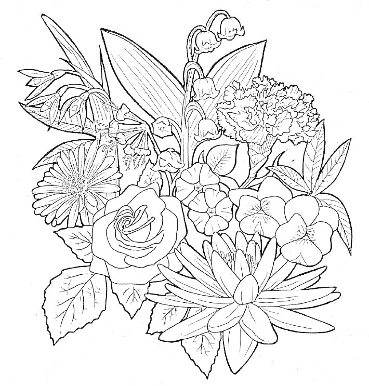 На раскраске изображено: Цветы, Гвоздика, Листья, Природа, Колокольчик, Розы, Букет цветов, Лилии