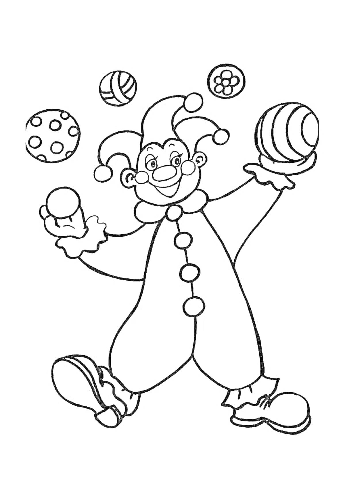 На раскраске изображено: Жонглирование, Мячи, Цирк, Веселье, Костюм, Ботинки, Улыбка