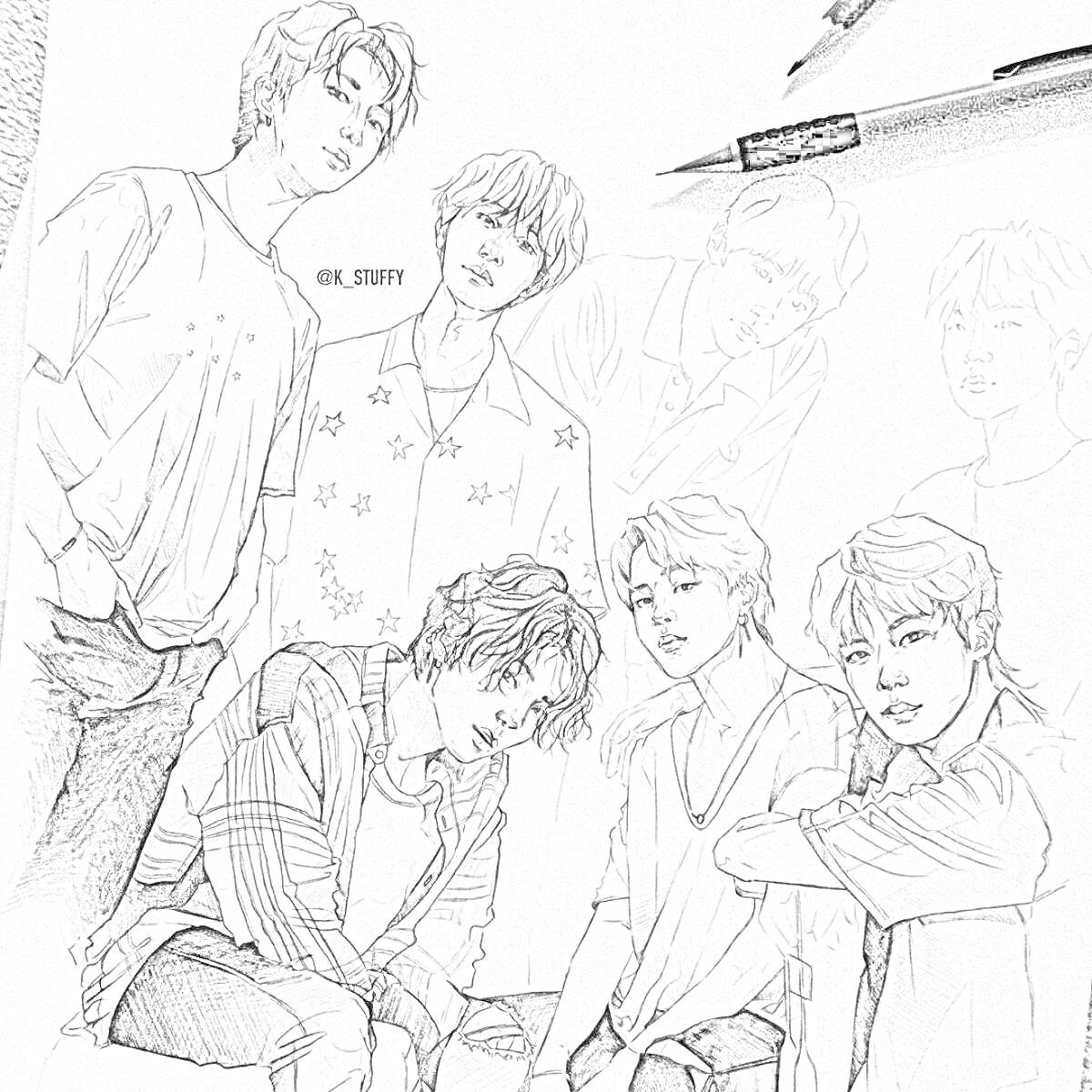 Раскраска Мужчины на листе бумаги, рисунок карандашом, пять человек, двое сидят, трое стоят