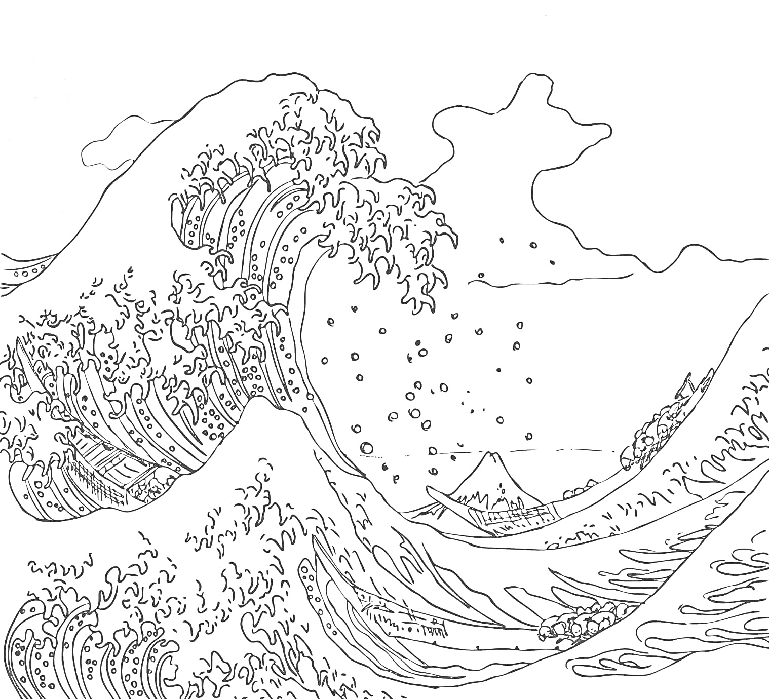 Раскраска Большая волна с горой Фудзи, облаками и лодками