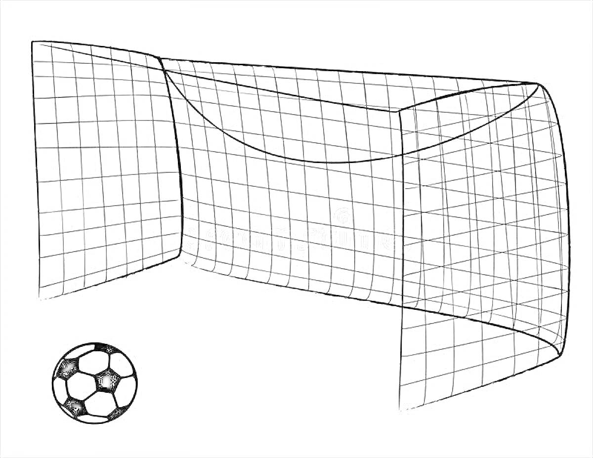 На раскраске изображено: Футбольные ворота, Спорт, Футбольный мяч