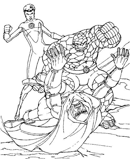 Раскраска Герои из Фантастической четверки борются с Доктором Думом