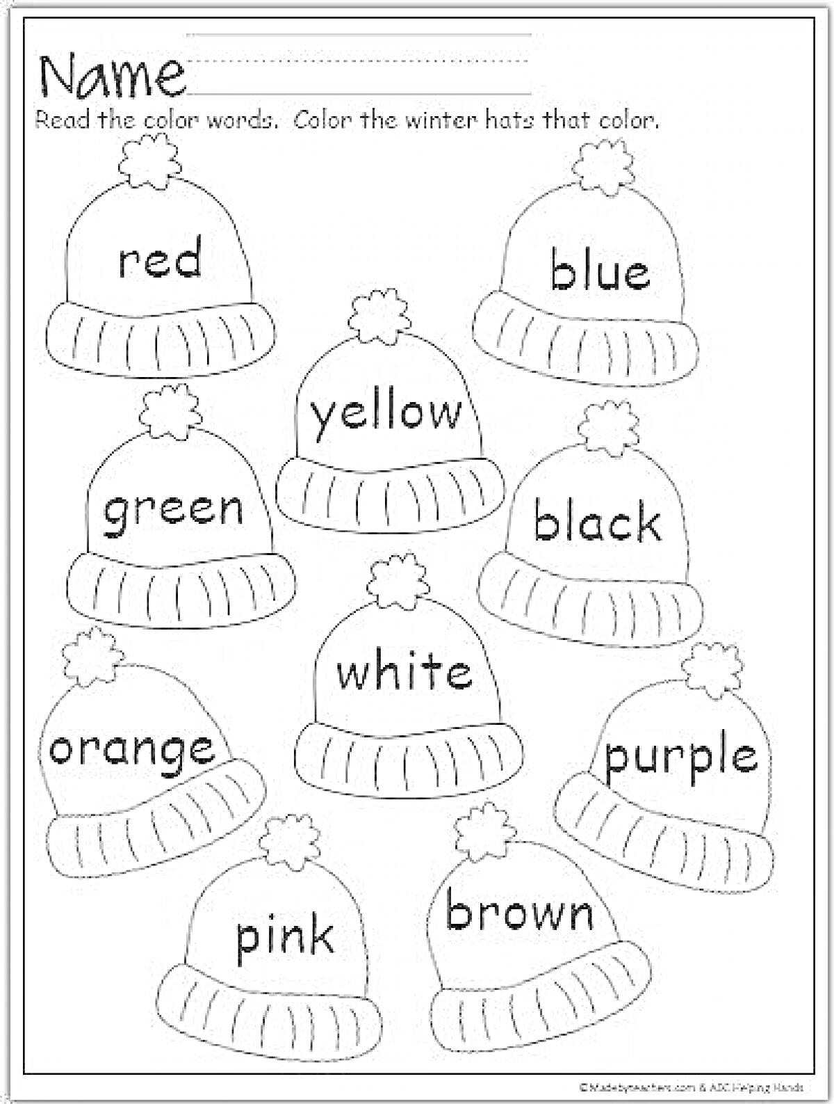 Раскраска Раскраска для детей с зимними шапками и заданиями по английскому языку на цвета