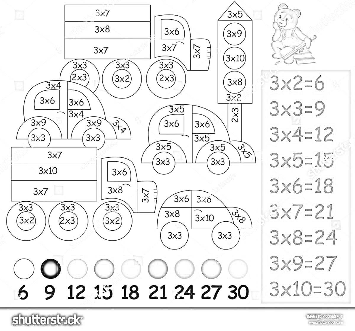 Раскраска Раскраска-тренажер по таблице умножения с медведем, цифрами и кругами