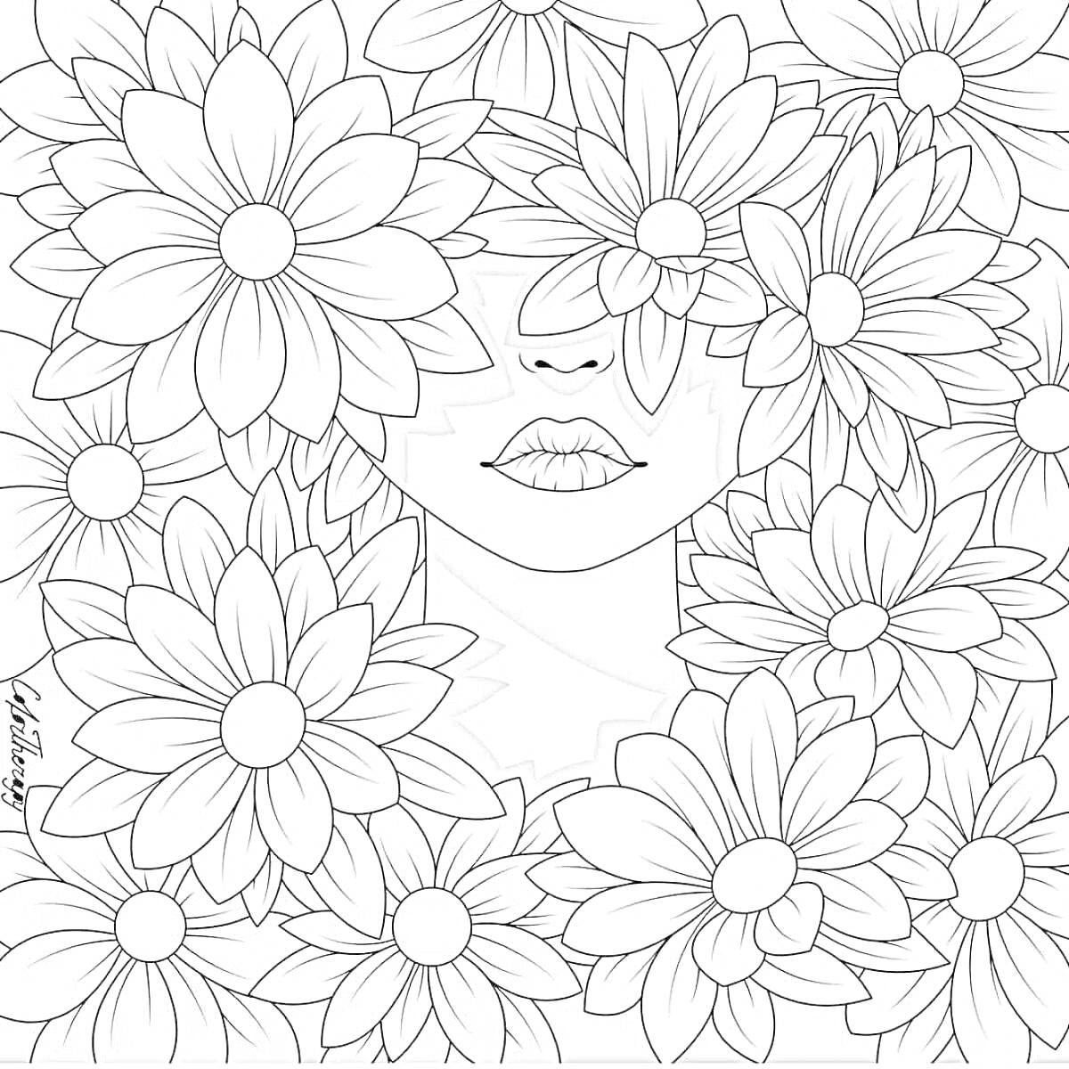 Раскраска Лицо девушки, скрытое цветами, губы и большие цветы вокруг