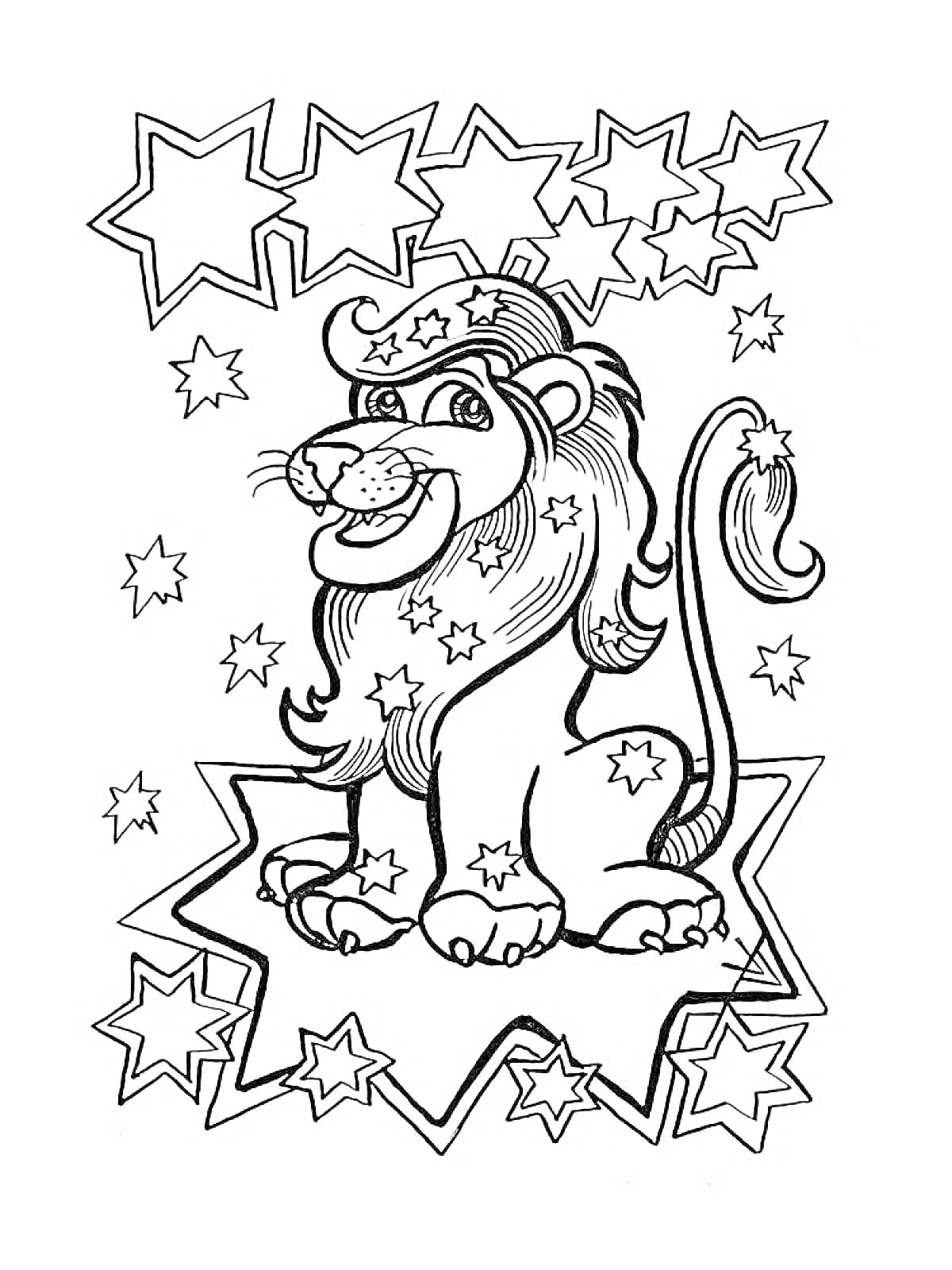 На раскраске изображено: Лев, Звезды, Знак зодиака, Творчество, Для детей, Животные