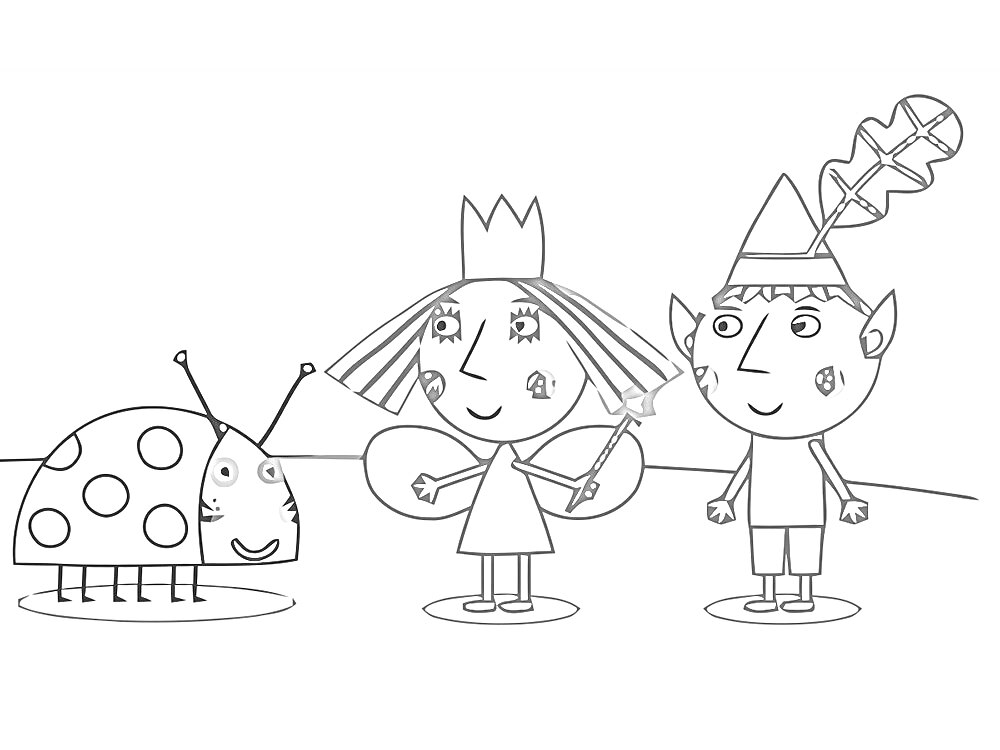 На раскраске изображено: Принцесса, Волшебная палочка, Корона, Мальчик, Шапочка, Колпак, Божья коровка, Бен и Холли