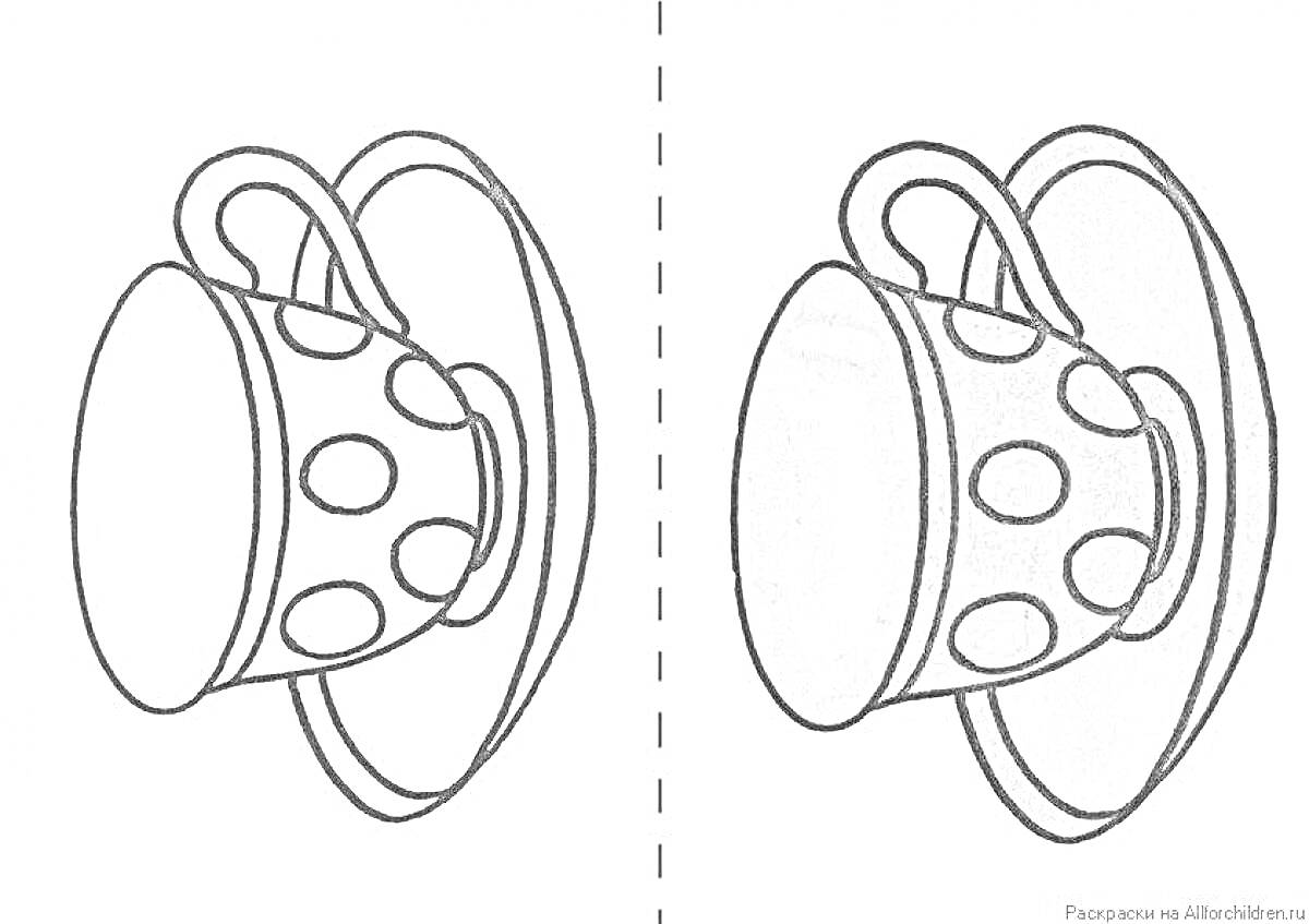 Раскраска кружка в горошек с блюдцем (две картинки - контурная и раскрашенная версия)
