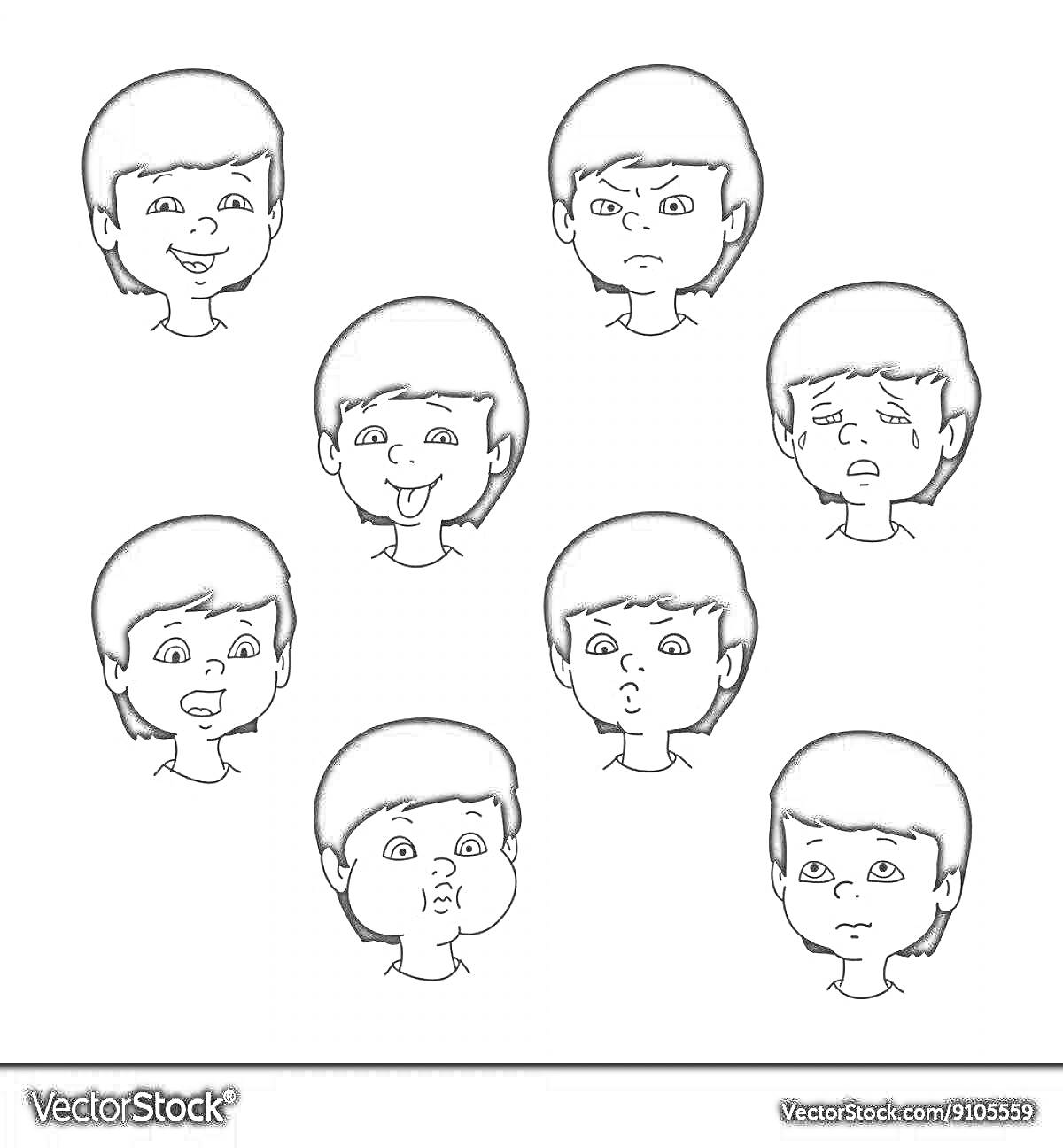 Раскраска Разные выражения лица мальчика: радость, гнев, удивление, смех, показ языка, грусть, страх, надувание щек, нейтральное выражение