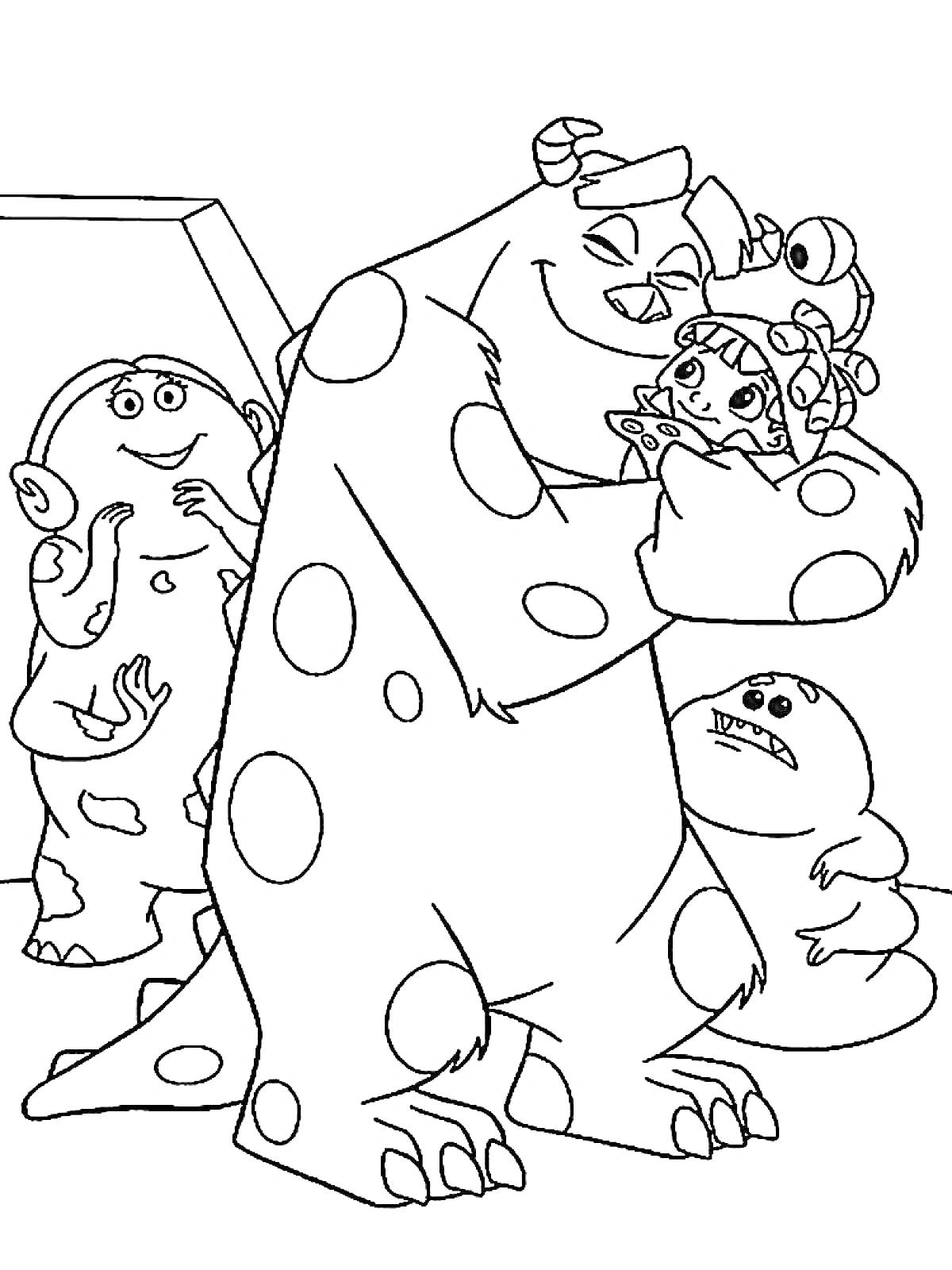 Раскраска Большой монстр с рогами держит девочку, монстр с тремя глазами и монстр с большим ртом рядом