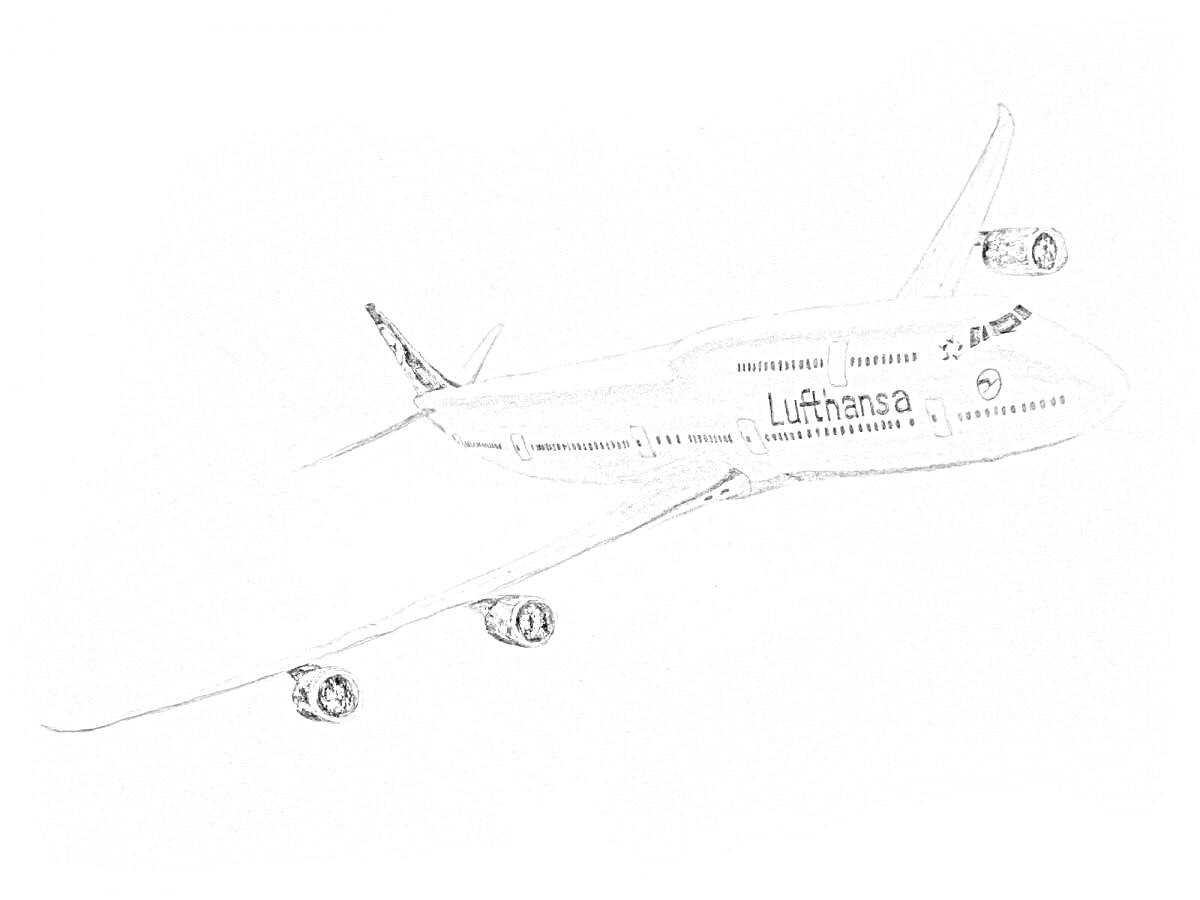 Раскраска Чертеж самолета Boeing 747 авиакомпании Lufthansa в полете