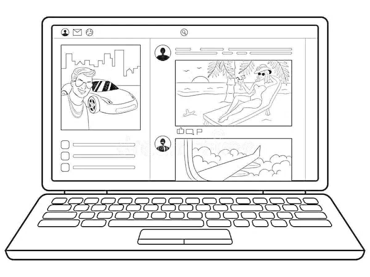Раскраска ноутбук, экран с социальными сетями, изображение женщины с автомобилем, изображение людей на пляже, изображение самолета