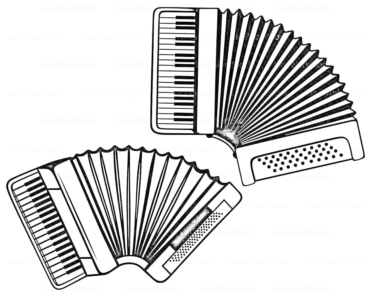 На раскраске изображено: Баян, Аккордеон, Музыкальные инструменты, Клавиши, Мехи, Кнопки, Музыка, Инструмент