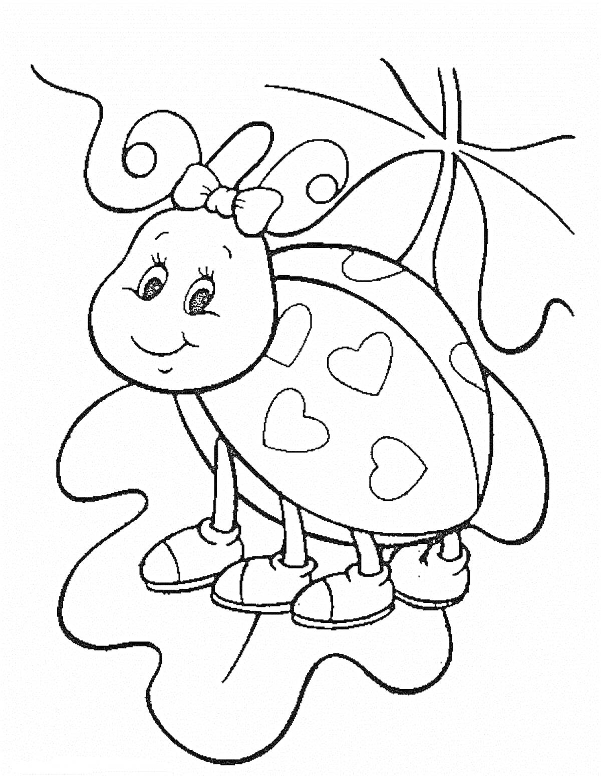 Раскраска Божья коровка с бантиком и сердечками на крылышках в ботинках