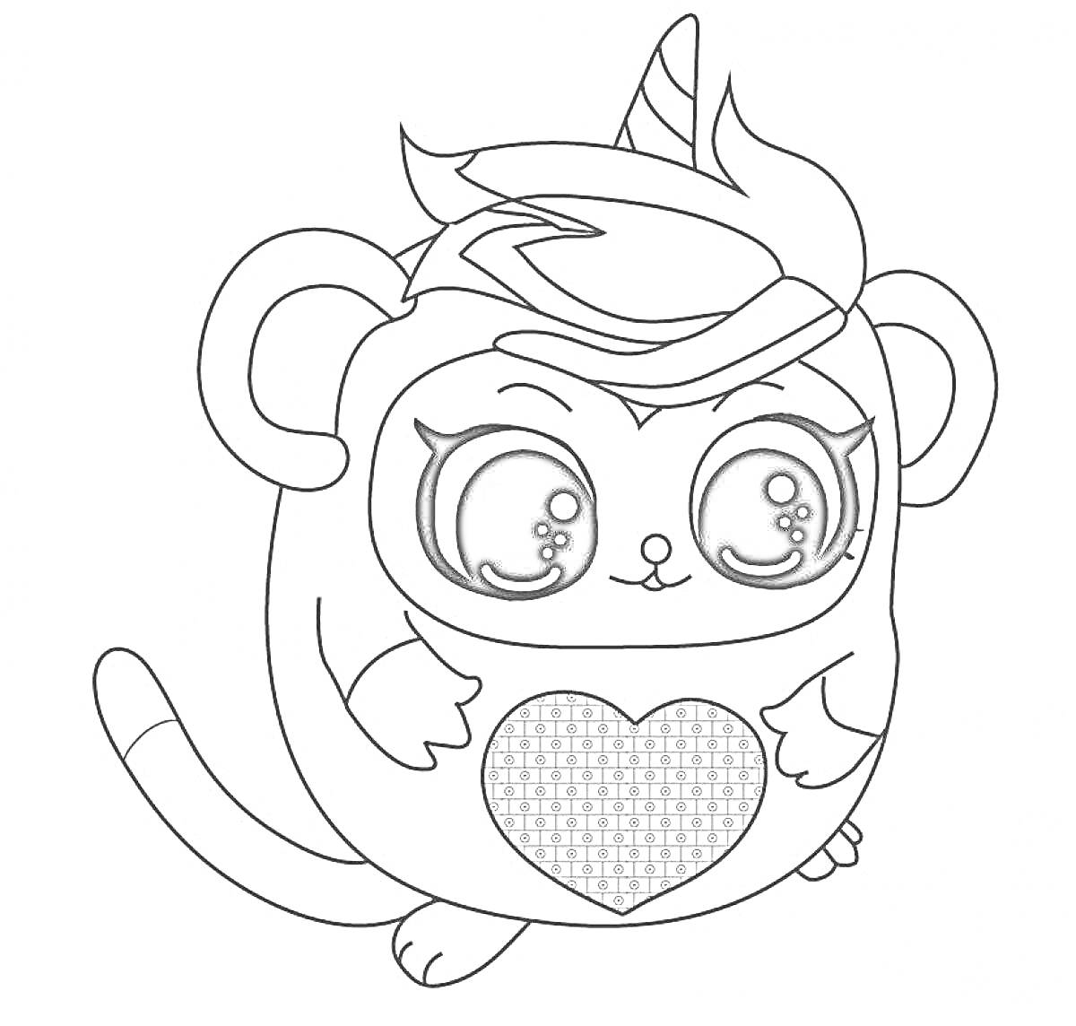 Раскраска игрушка с большими глазами, ушами, хвостом и рогом единорога, с сердцем на животе